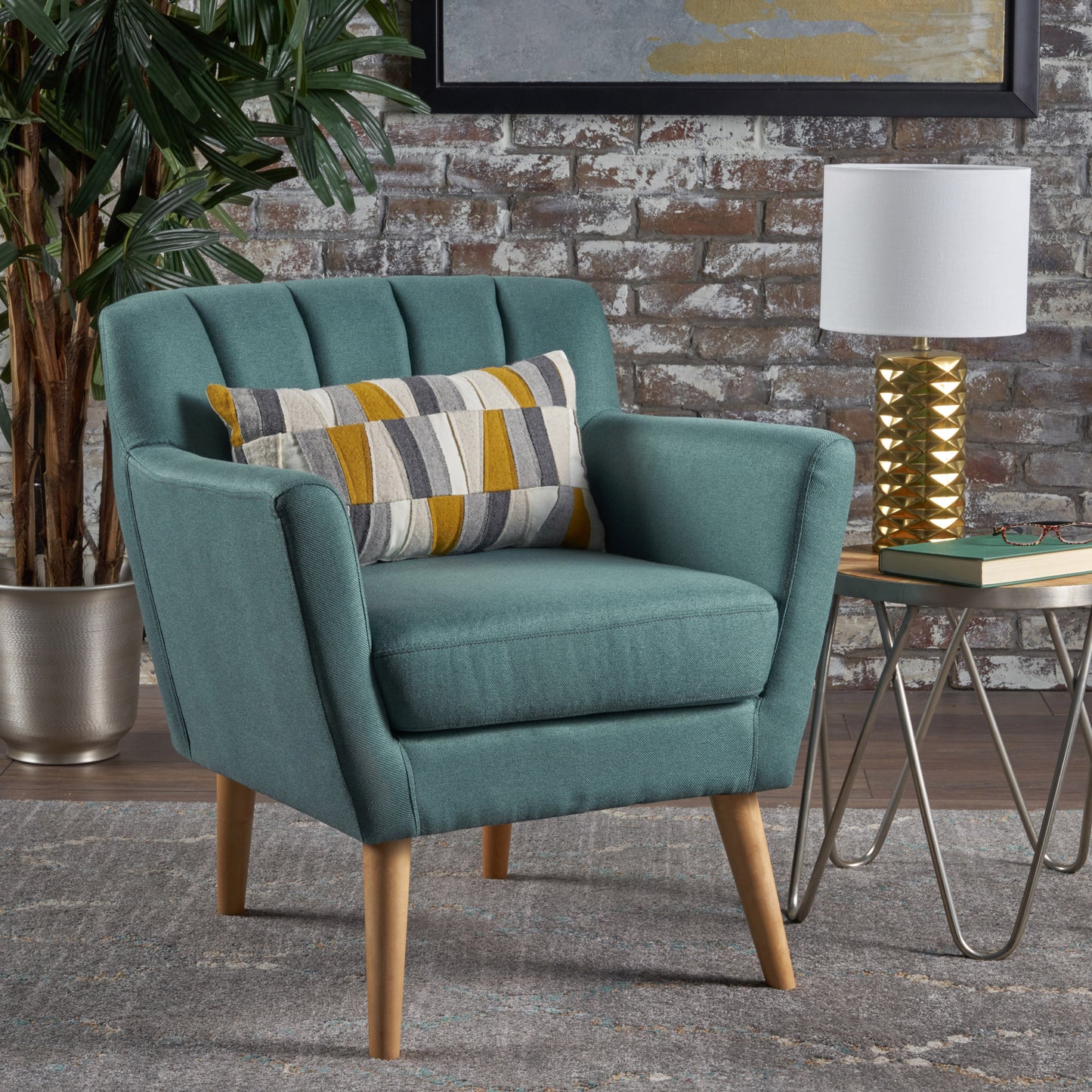 Mid-Century Modern Fabric Club Chair, Dark Teal and Natural Finish, Perfect for Living Rooms