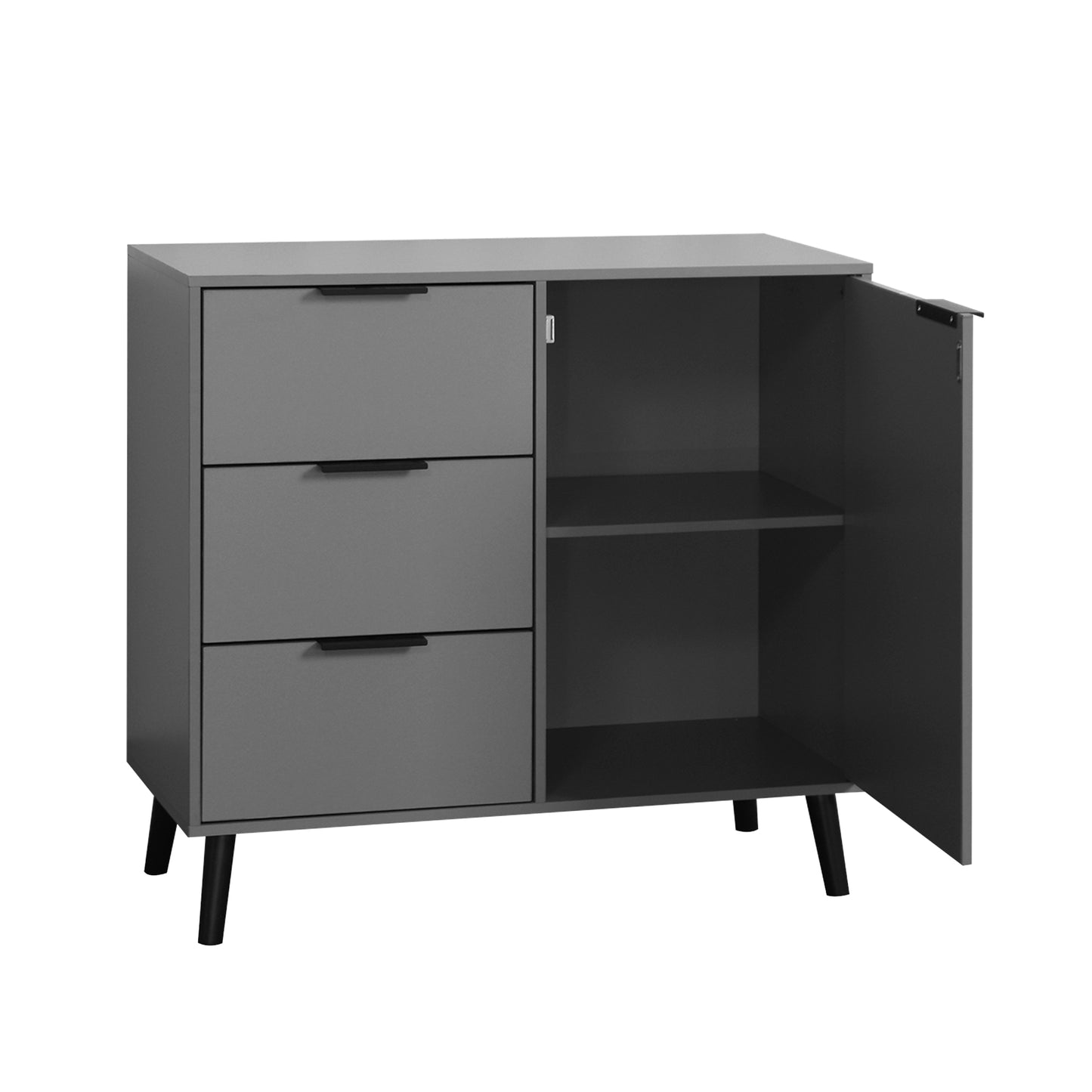 Storage cabinet with 3 drawers and adjustable shelves, medieval cabinet with doors, gray