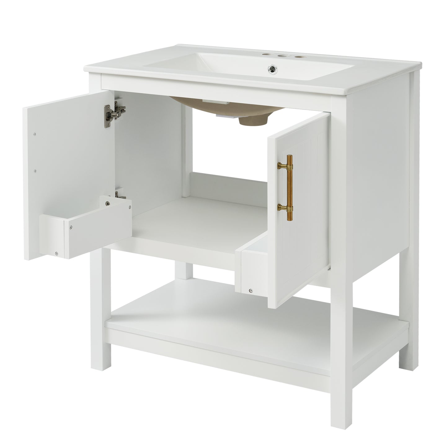 30-Inch White Bathroom Vanity with Ceramic Sink and Versatile Storage - Ideal for Small Bathrooms