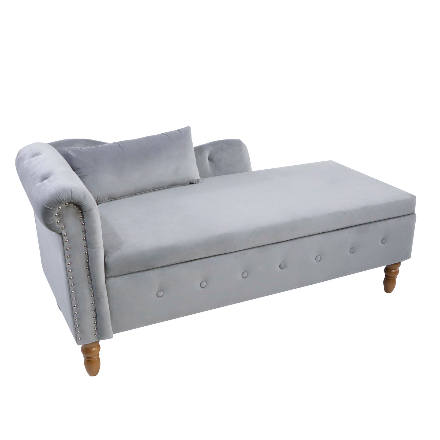 Sillón chaise longue gris de terciopelo para interiores con espacio de almacenamiento y almohada, diseño moderno tapizado con brazos enrollados