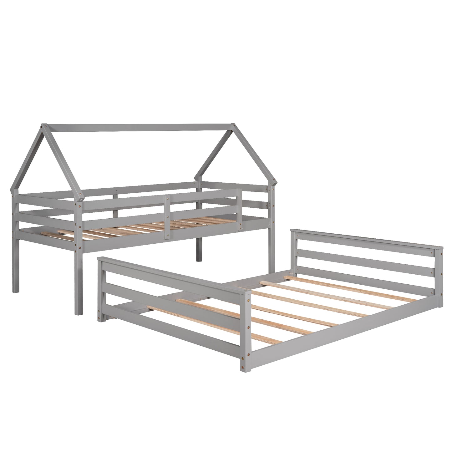 Twin over Full House Bunk Bed with Built-in Ladder Gray