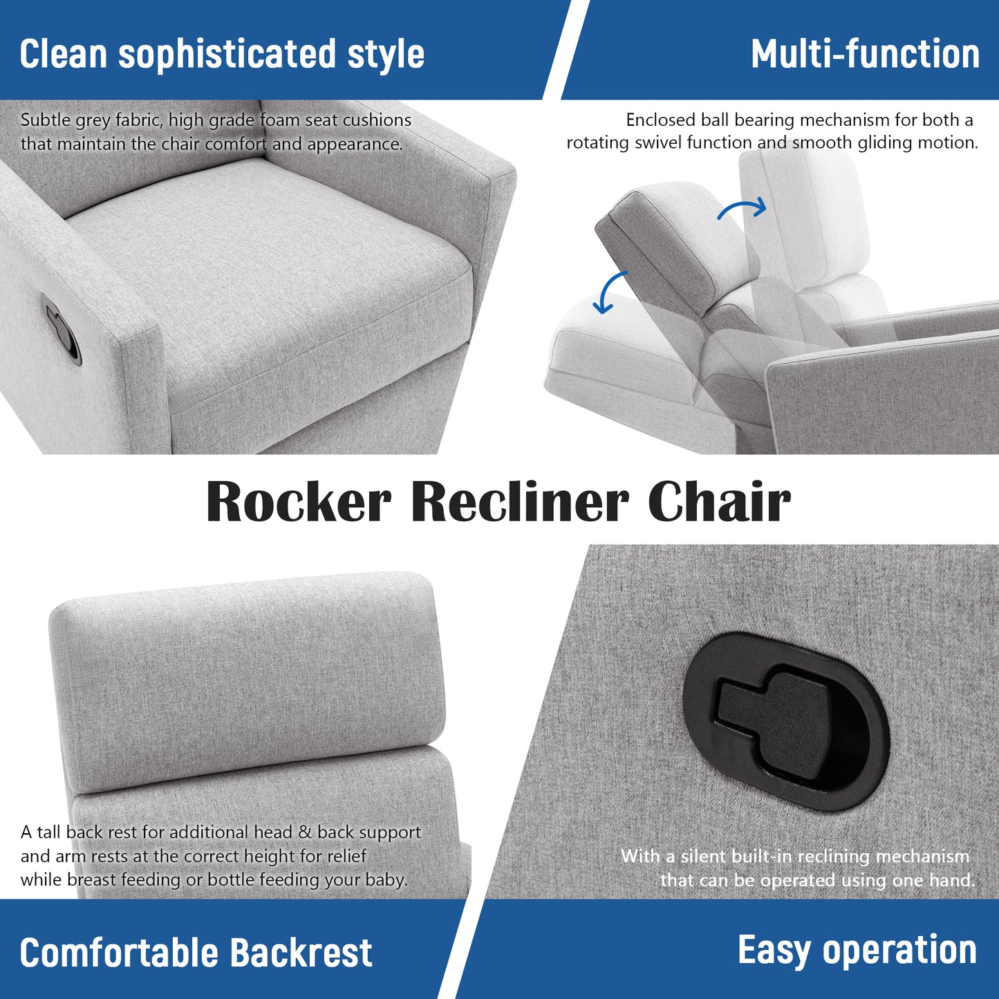 Modern Upholstered Rocker Nursery Chair Plush Seating Glider Swivel Recliner Chair Gray