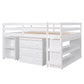 Low Study Full Loft Bed with Cabinet Shelves and Rolling Portable Desk Multiple Functions Bed- White