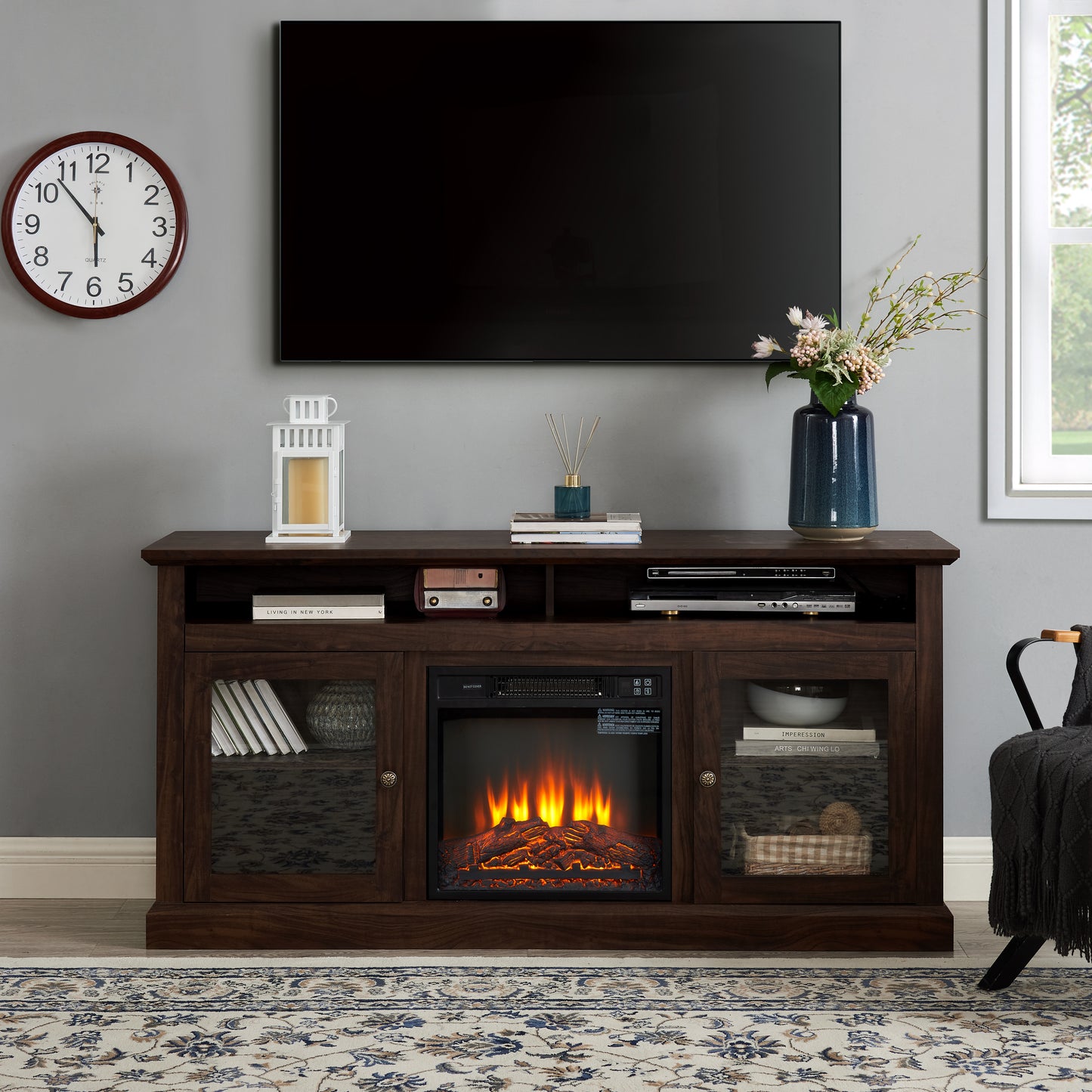 Contemporary TV Media Stand with 18" Fireplace Insert, Entertainment Console for TVs Up to 65 Inches