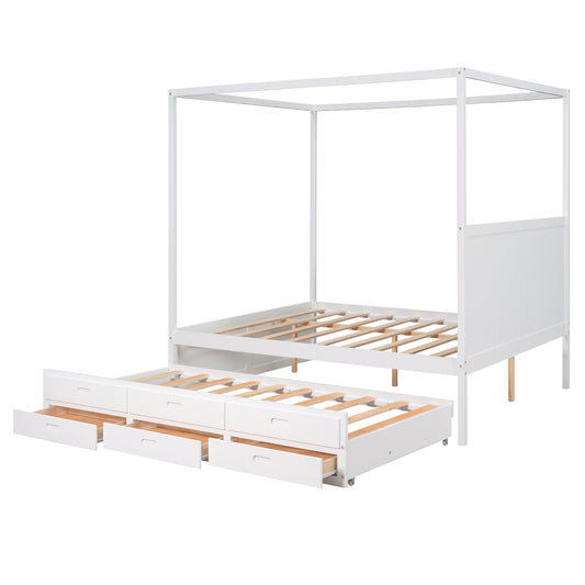 Queen Size Canopy Platform Bed with Twin Size Trundle and Three Storage Drawers White