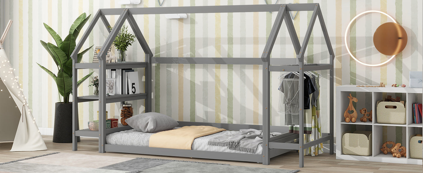 Twin House-Shaped Floor Bed with 2 Detachable Stands Grey