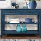 Console Sofa Table with 2 Storage Drawers and 2 Tiers Shelves Mid-Century Style 42'' Solid Wood Buffet Sideboard Navy Blue