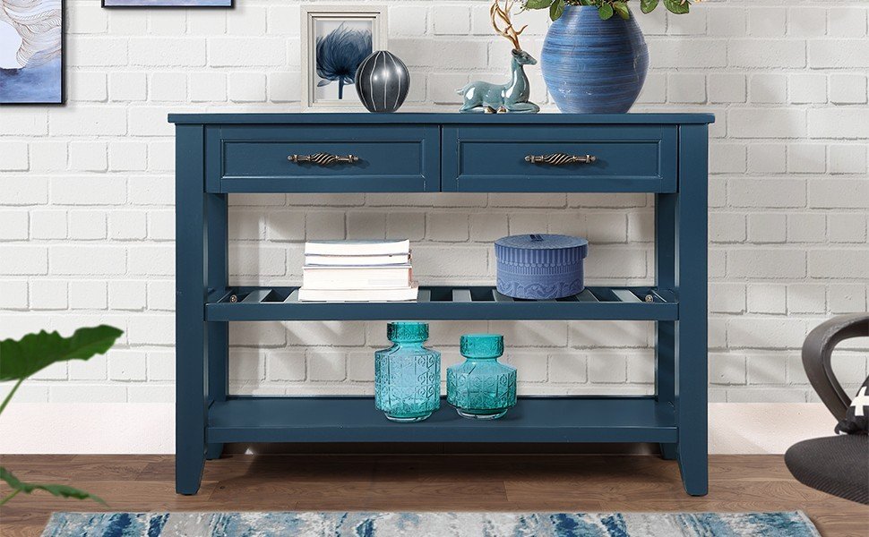 Console Sofa Table with 2 Storage Drawers and 2 Tiers Shelves Mid-Century Style 42'' Solid Wood Buffet Sideboard Navy Blue