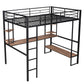 Full Size Loft Metal&MDF Bed with Long Desk and Shelves Black