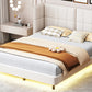 Queen Size Upholstered Platform Bed with LED Lights and U-Shaped Headboard, Linen Fabric, Beige