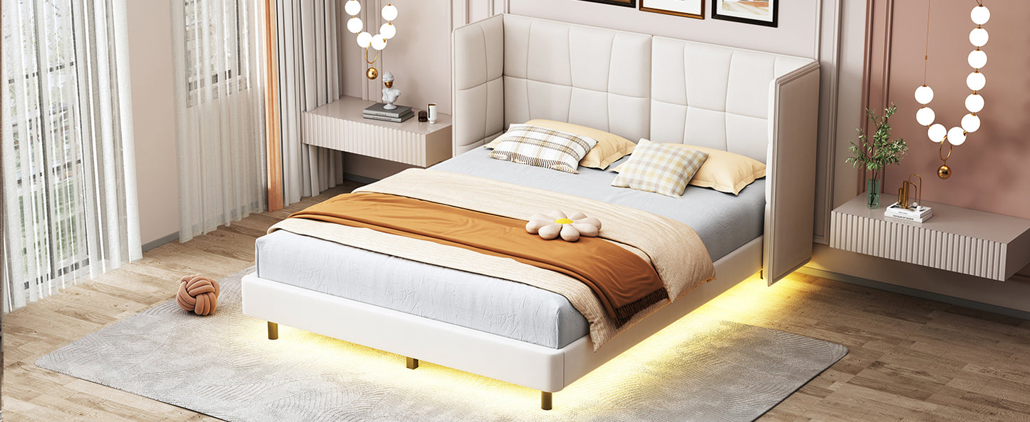 Queen Size Upholstered Platform Bed with LED Lights and U-Shaped Headboard, Linen Fabric, Beige