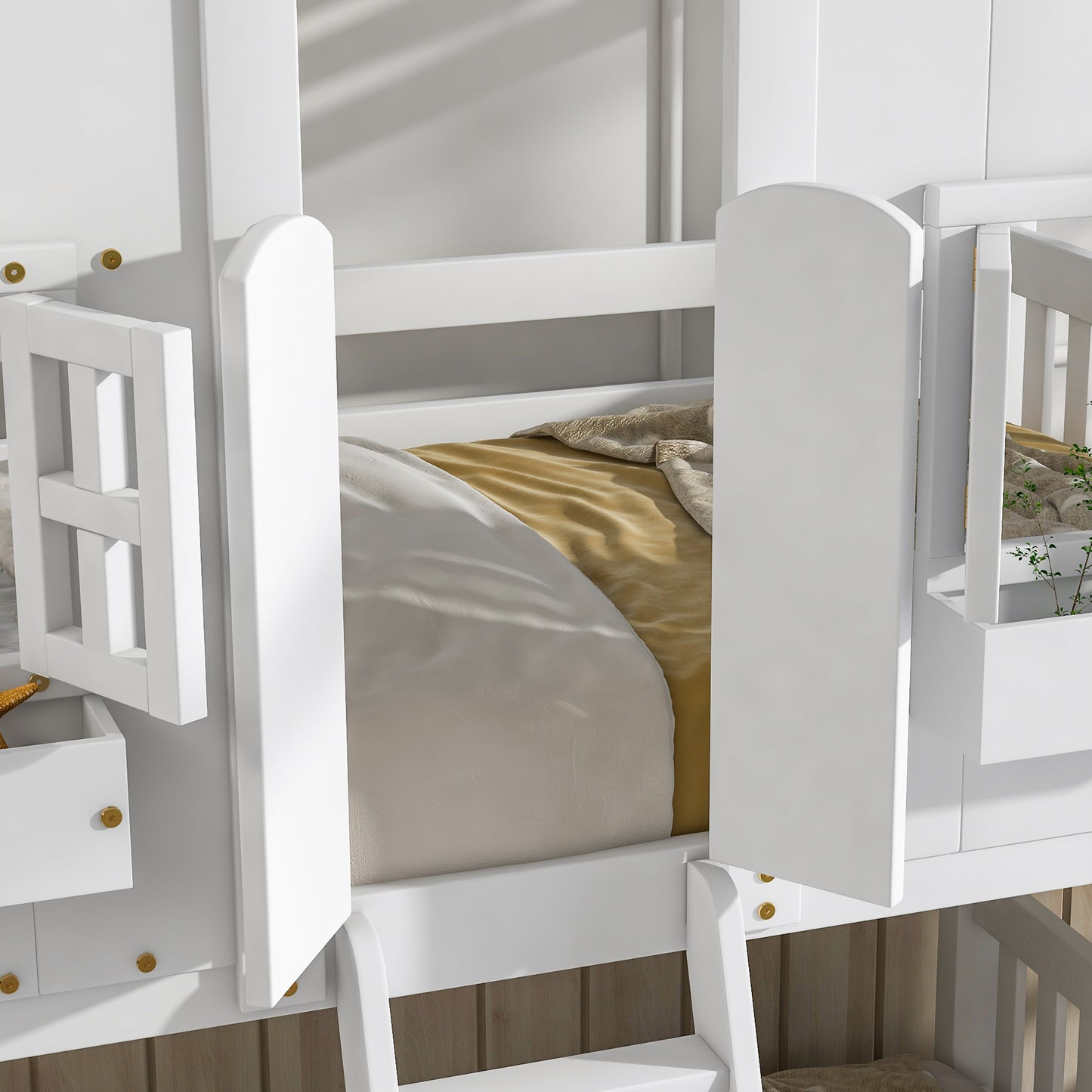 Twin over Twin House Bunk Bed with Roof , Window, Window Box, Door , with Safety Guardrails and Ladder,White