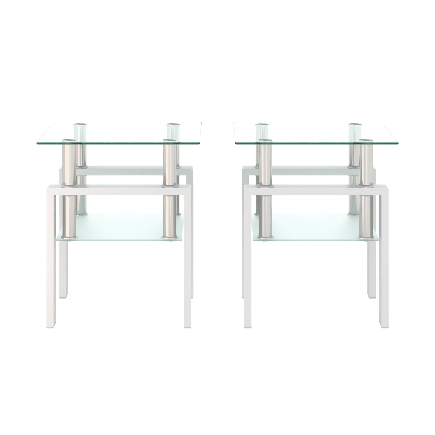 Set of 2 Modern Tempered Glass Tea Tables, Square Design for Living Rooms, Transparent/White