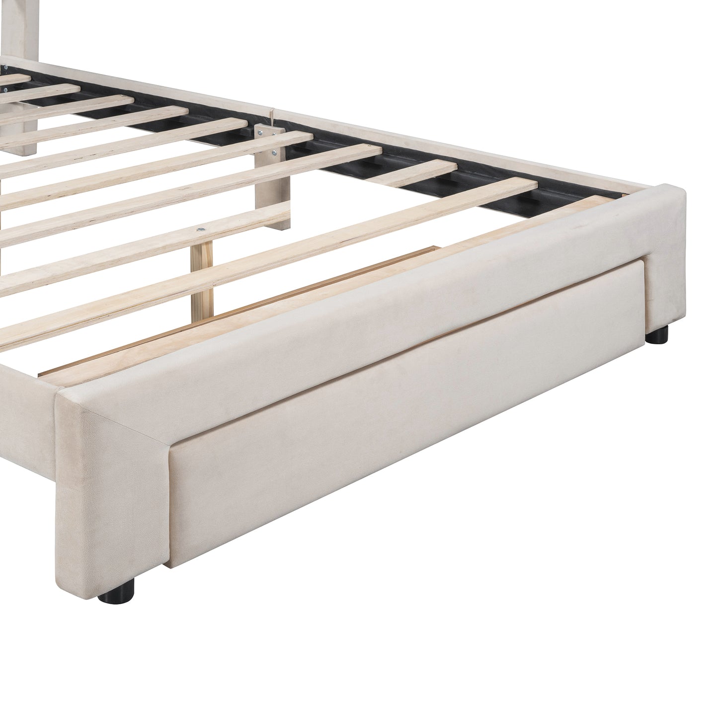 Queen Size Storage Bed Velvet Upholstered Platform Bed with a Big Drawer - Beige