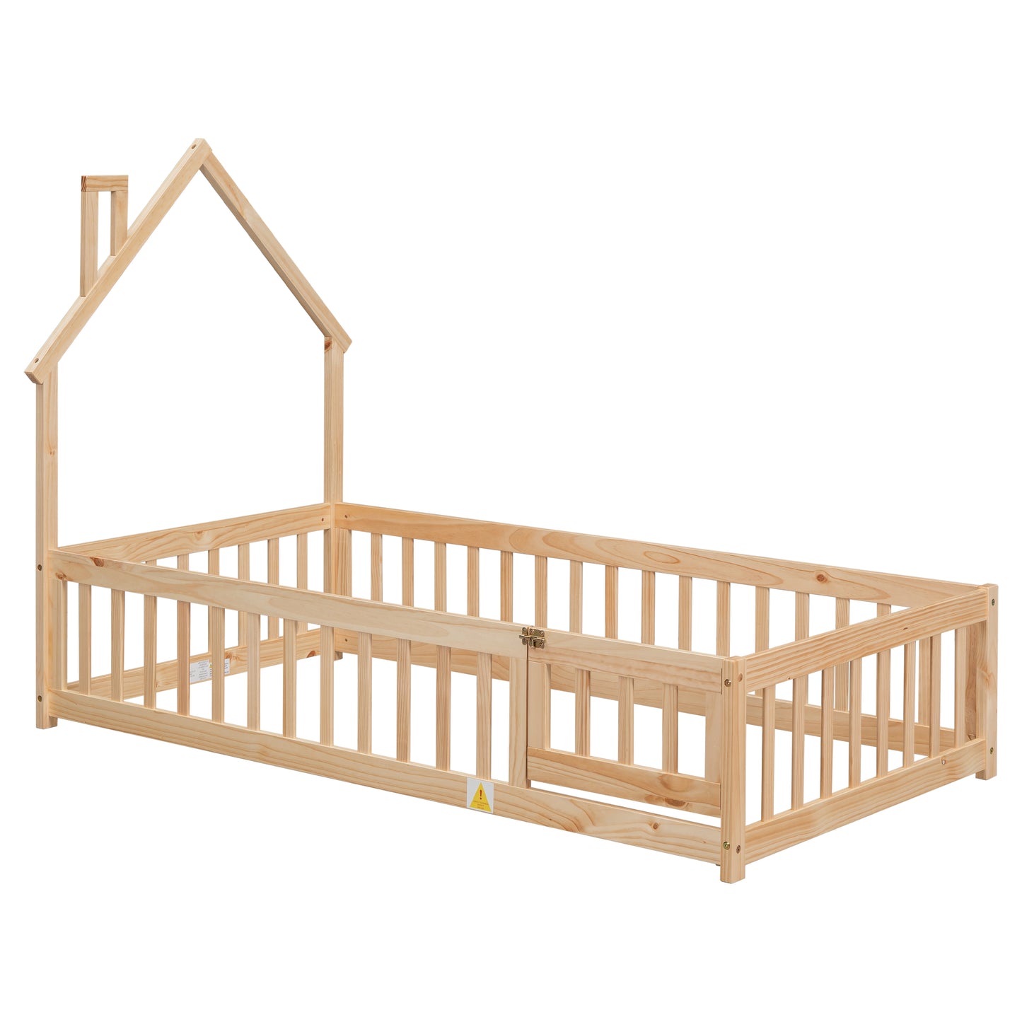 Twin House-Shaped Headboard Floor Bed with Fence Natural