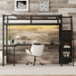 Twin XL loft bed with L-shaped desk and USB, metal loft bed with wardrobe and adjustable shelf, LED loft bed, black