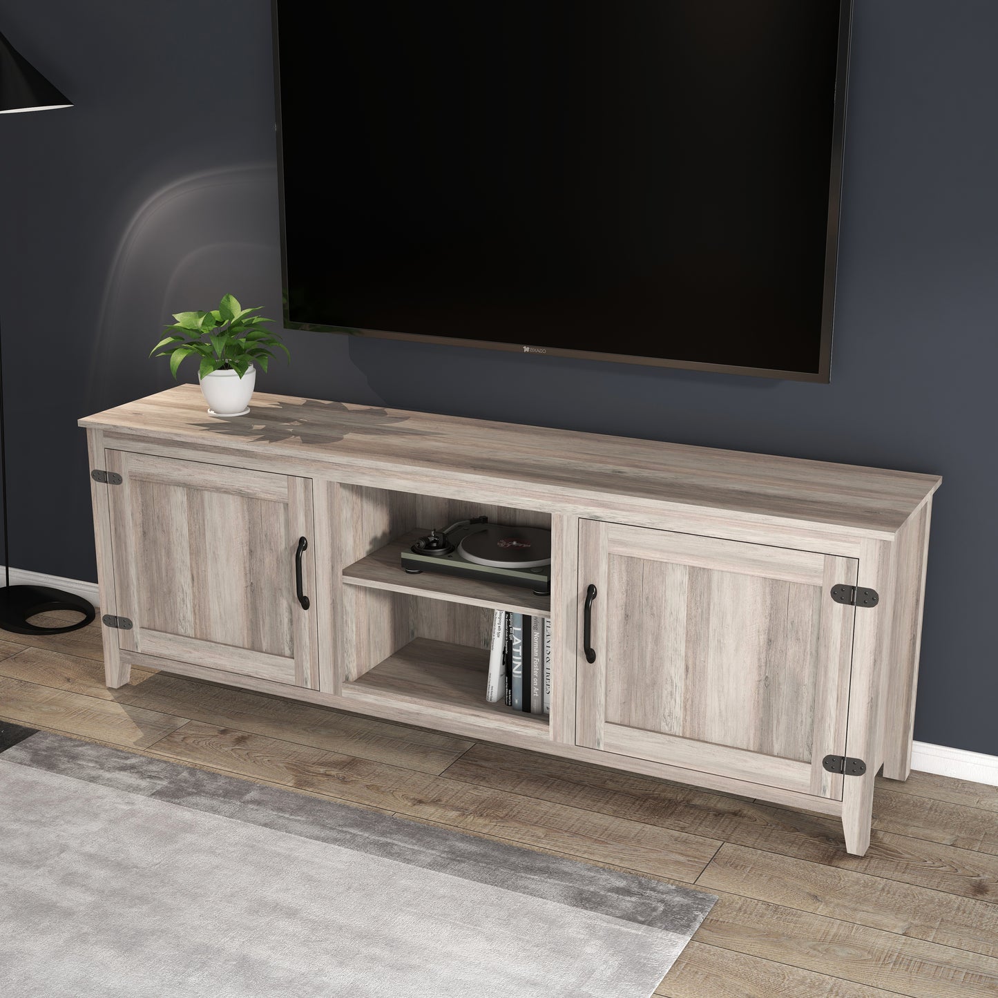 TV Stand Storage Media Console Entertainment Center With Two Doors, Grey Walnut