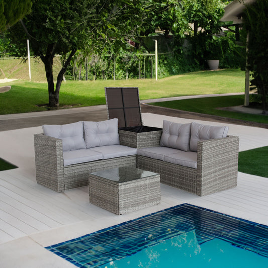 4-Piece Patio Sectional Wicker Rattan Outdoor Furniture Set with Storage Box, Grey Finish