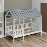 Wood Twin Size House Bed with Roof, Guardrail and Shelves, White