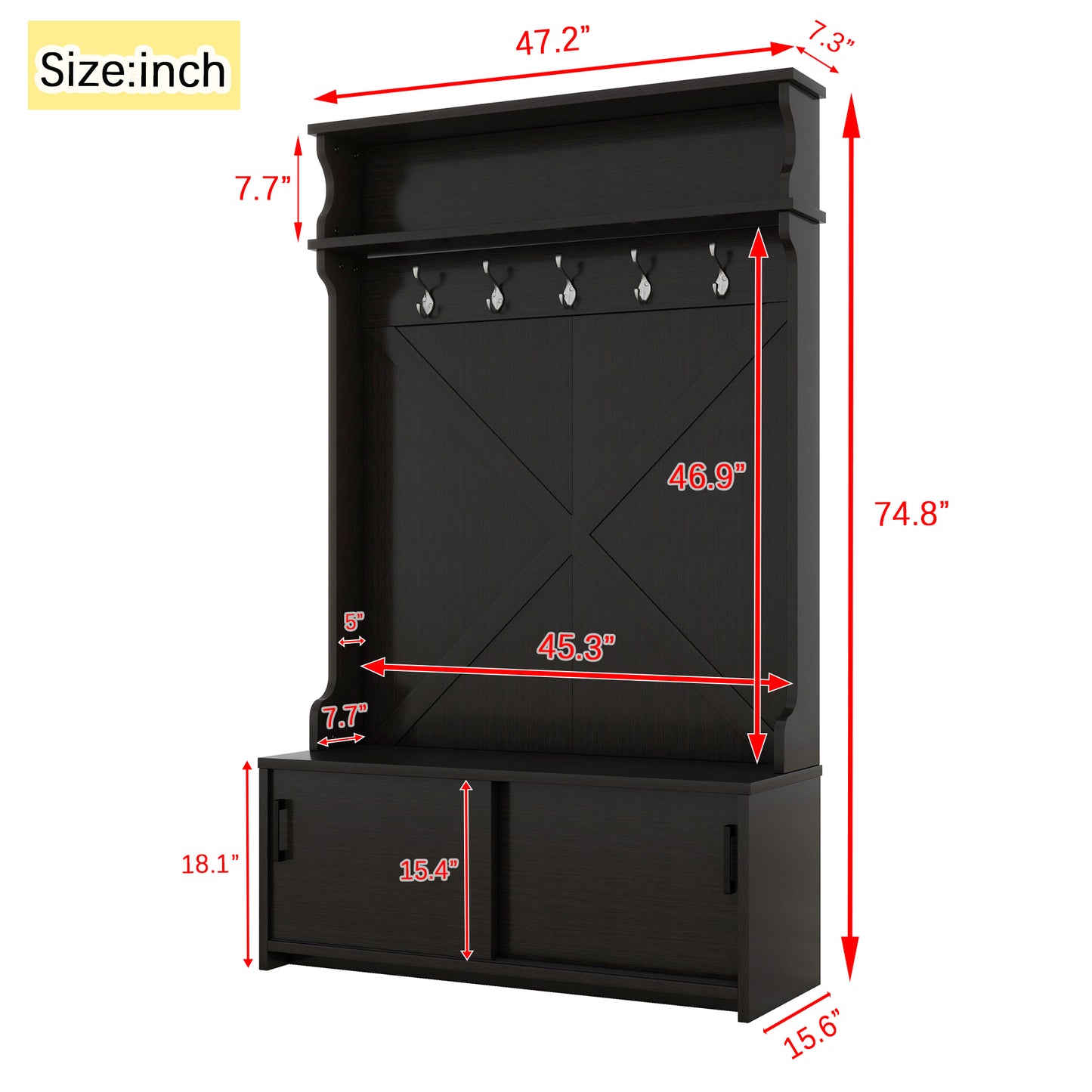 Hall Tree with Roof Rack and Storage Platform, Corridor Shoe Cabinet with Sliding Door and 5 Hooks, Black