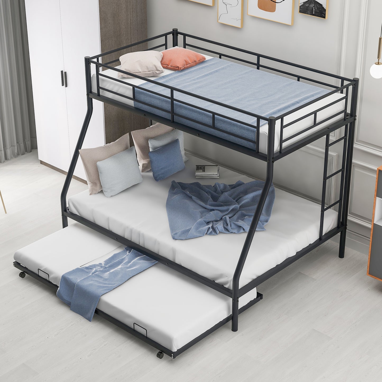 Twin over Full Bed with Sturdy Steel Frame Bunk Bed with Twin Size Trundle  Two-Side Ladders  Black