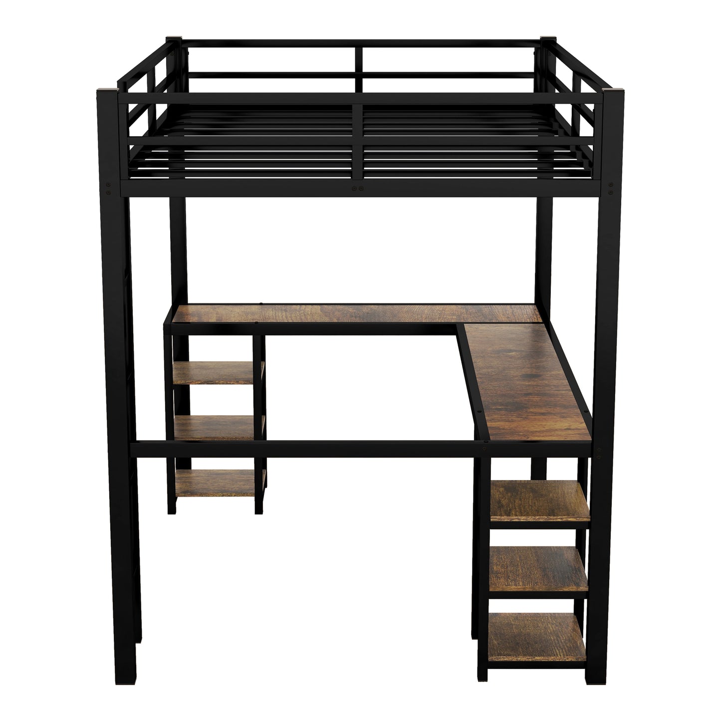 Full Metal Loft Bed with Desk and Shelves, Loft Bed with Ladder and Guardrails, Loft Bed Frame for Bedroom, Black