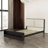 Queen Size Platform Bed Frame with Upholstery Headboard and Bookshelf in Footboard and LED Light Strips, Espresso