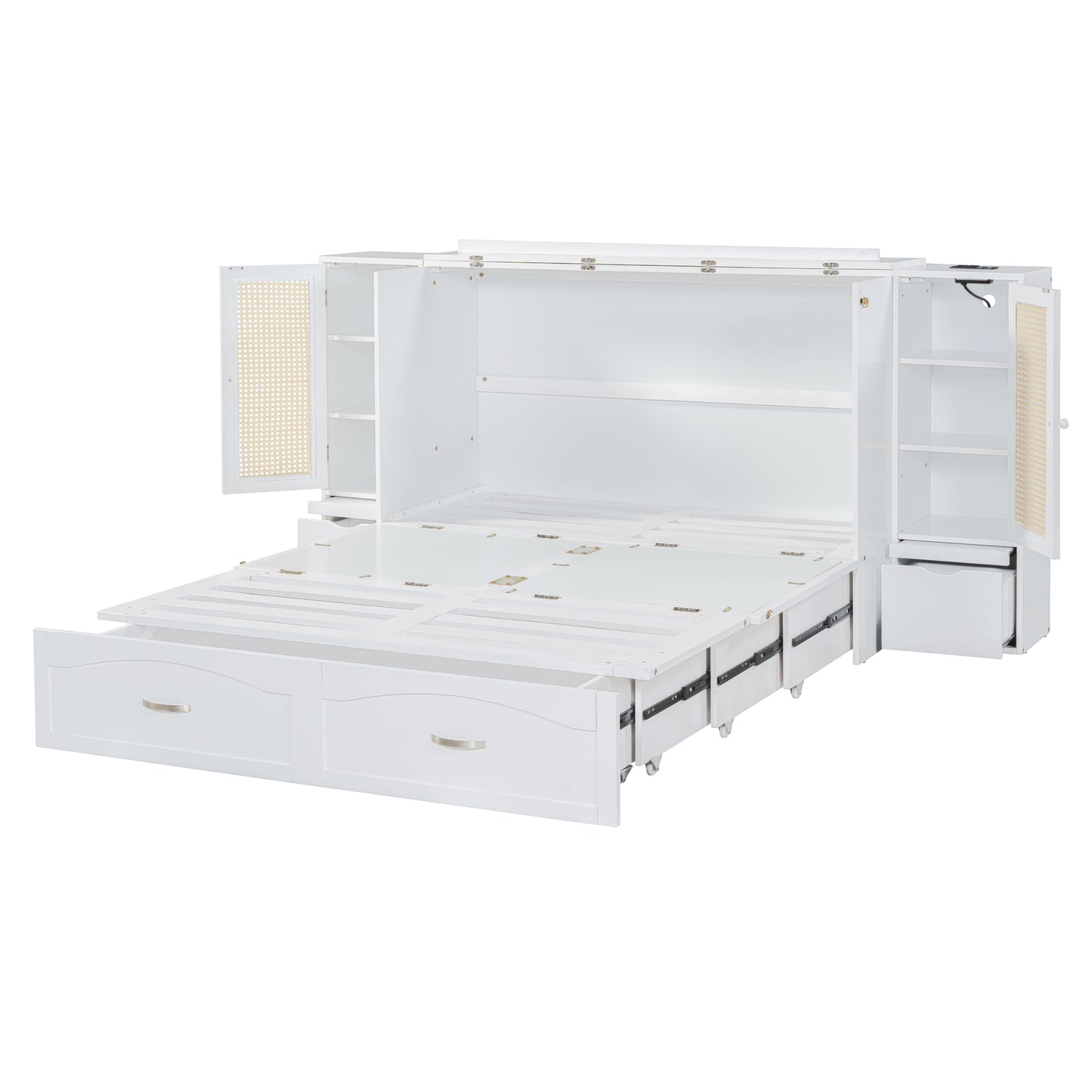 Cama plegable grande con cajones, gabinetes de almacenamiento y puertos USB, acabado blanco