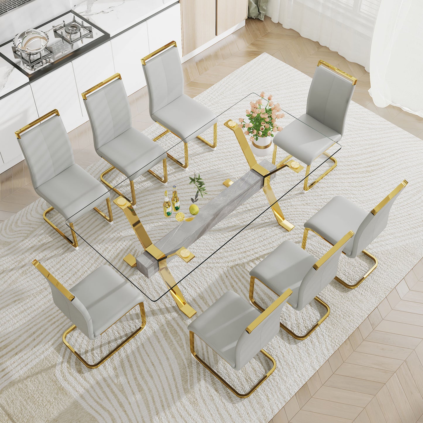 Mesa de comedor moderna de vidrio templado, escritorio de oficina grande con patas de metal chapado en oro y barras transversales de MDF