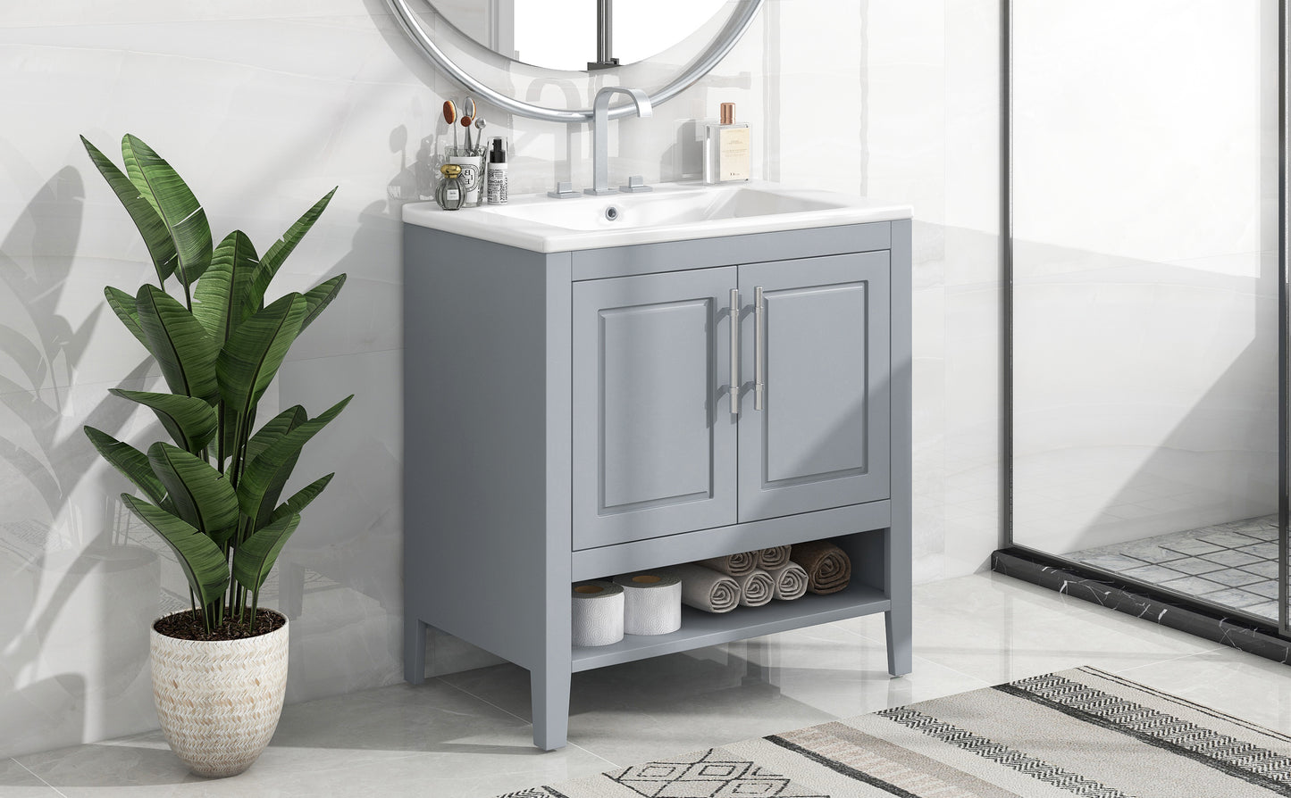 Bathroom Vanity with Sink, Multi-functional Bathroom Cabinet with Doors and Drawers, Solid Frame and MDF Board, Grey