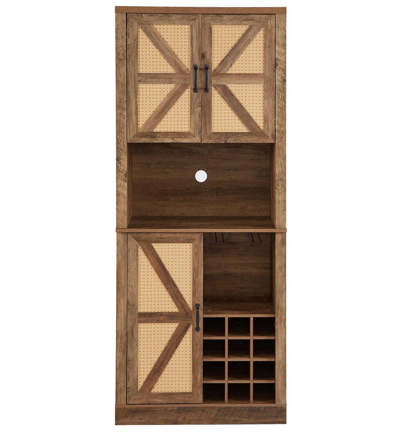 76-Inch Tall Rustic Oak Farmhouse Kitchen Faux Rattan Wine Cabinet with Square Compartments and Shelves