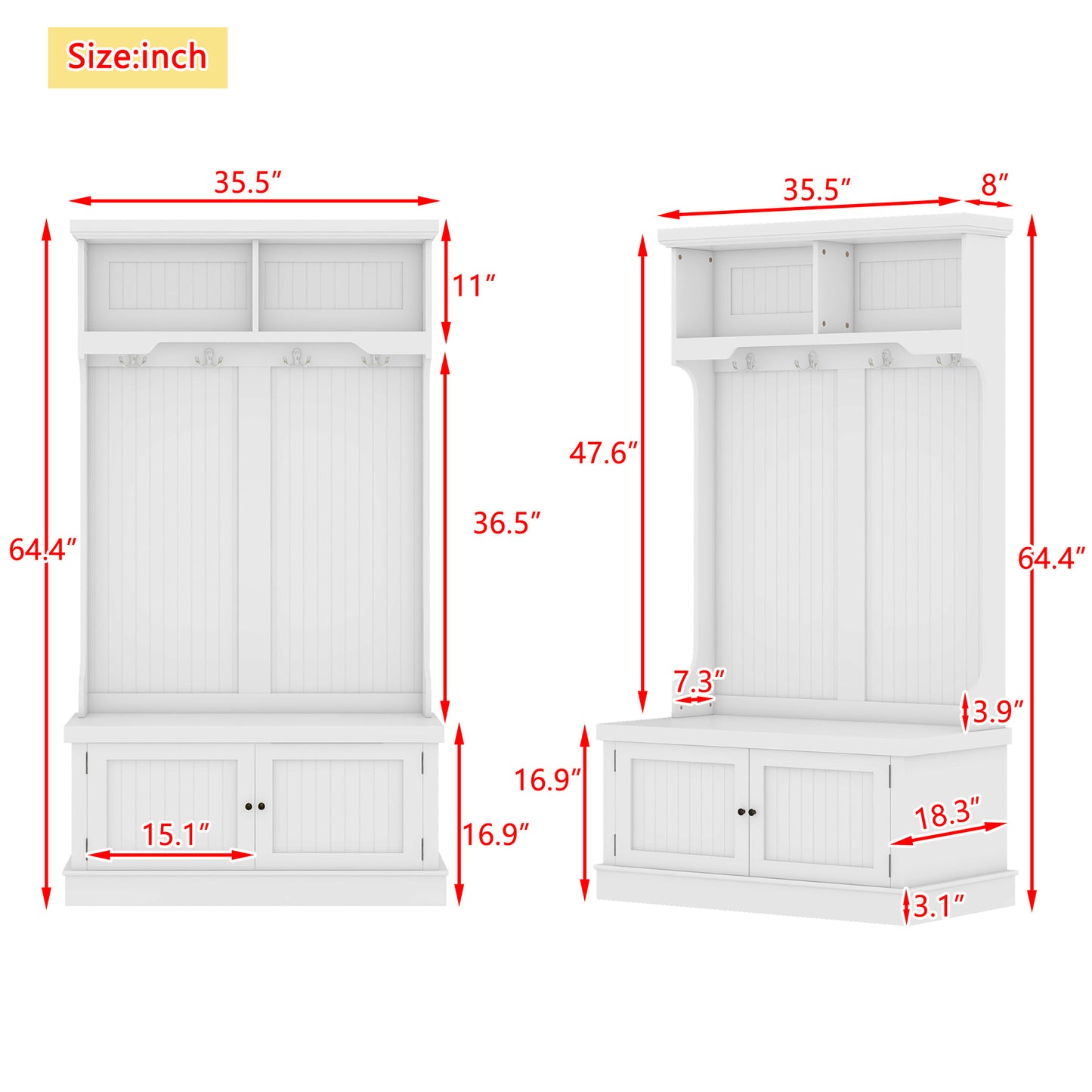 Hall Tree with Storage Shoe Bench for Entryway and Hallway, 4-in-1 Design Coat Racks with 4 Hooks for Living Room, White