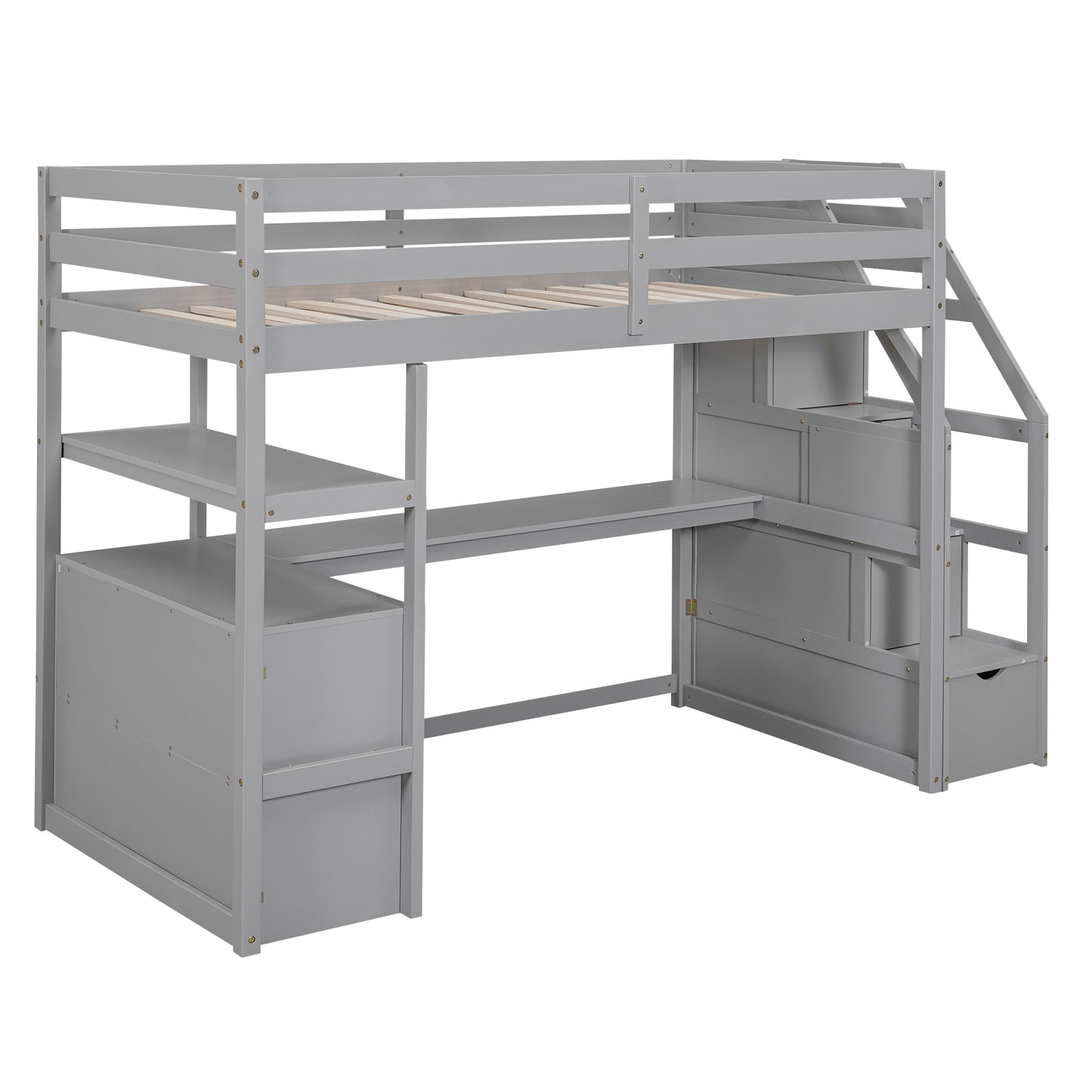 Twin Size Loft Bed with Desk and Shelves Two Built-in Drawers, Storage Staircase Gray