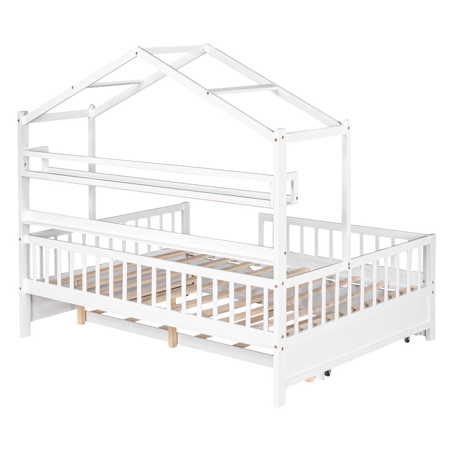 Wooden Full Size House Bed with Twin Size Trundle Kids Bed with Shelf White