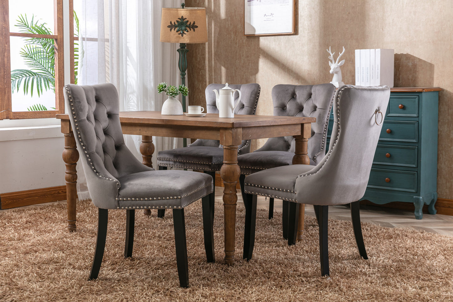 Modern high-end plush solid wood velvet cushioned dining chair with wooden leg nail head decoration, two piece set in gray