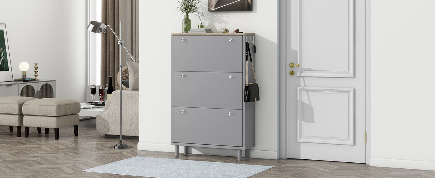 ON-TRANS narrow design shoe cabinet with 3 flip drawers and 3 independent shoe racks with 3 hooks, gray