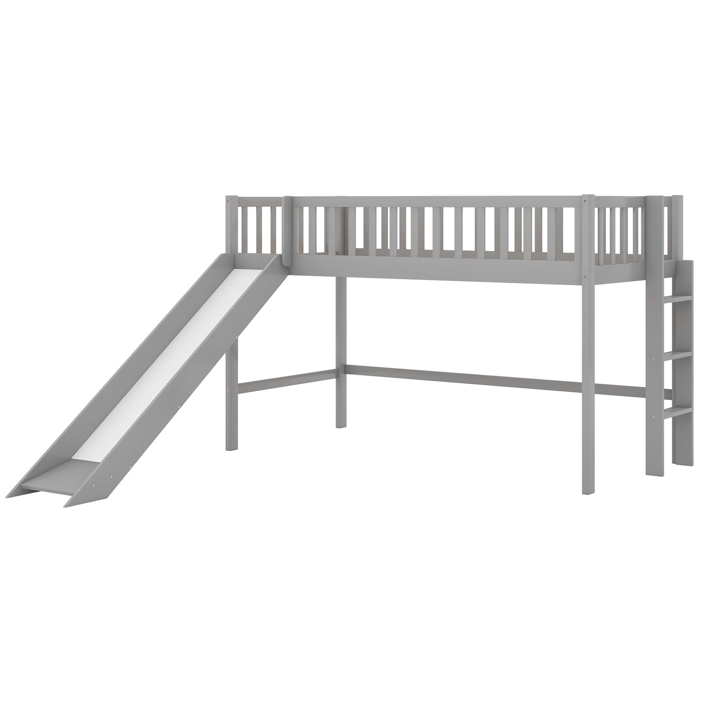 Twin Size Low Loft Bed with Ladder and Slide  Gray