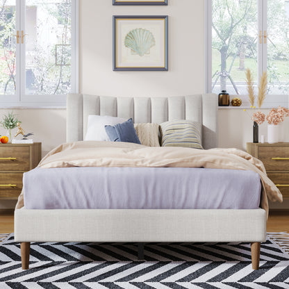 Upholstered Platform Bed Frame with Vertical Channel Tufted Headboard No Box Spring Needed  Full Cream