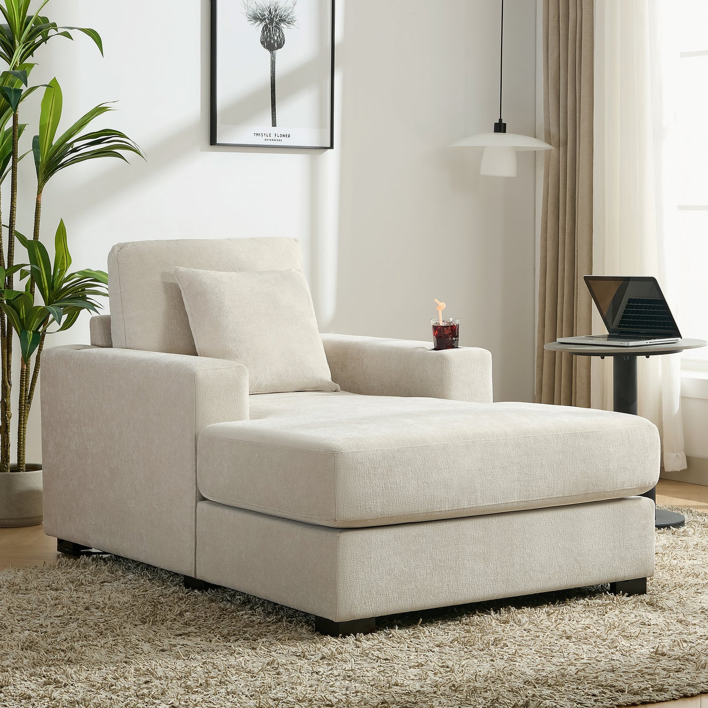 39.7" Oversized Chaise Lounger with Pillows, Charge Station, and Cup Holders, Chenille Fabric in Cream