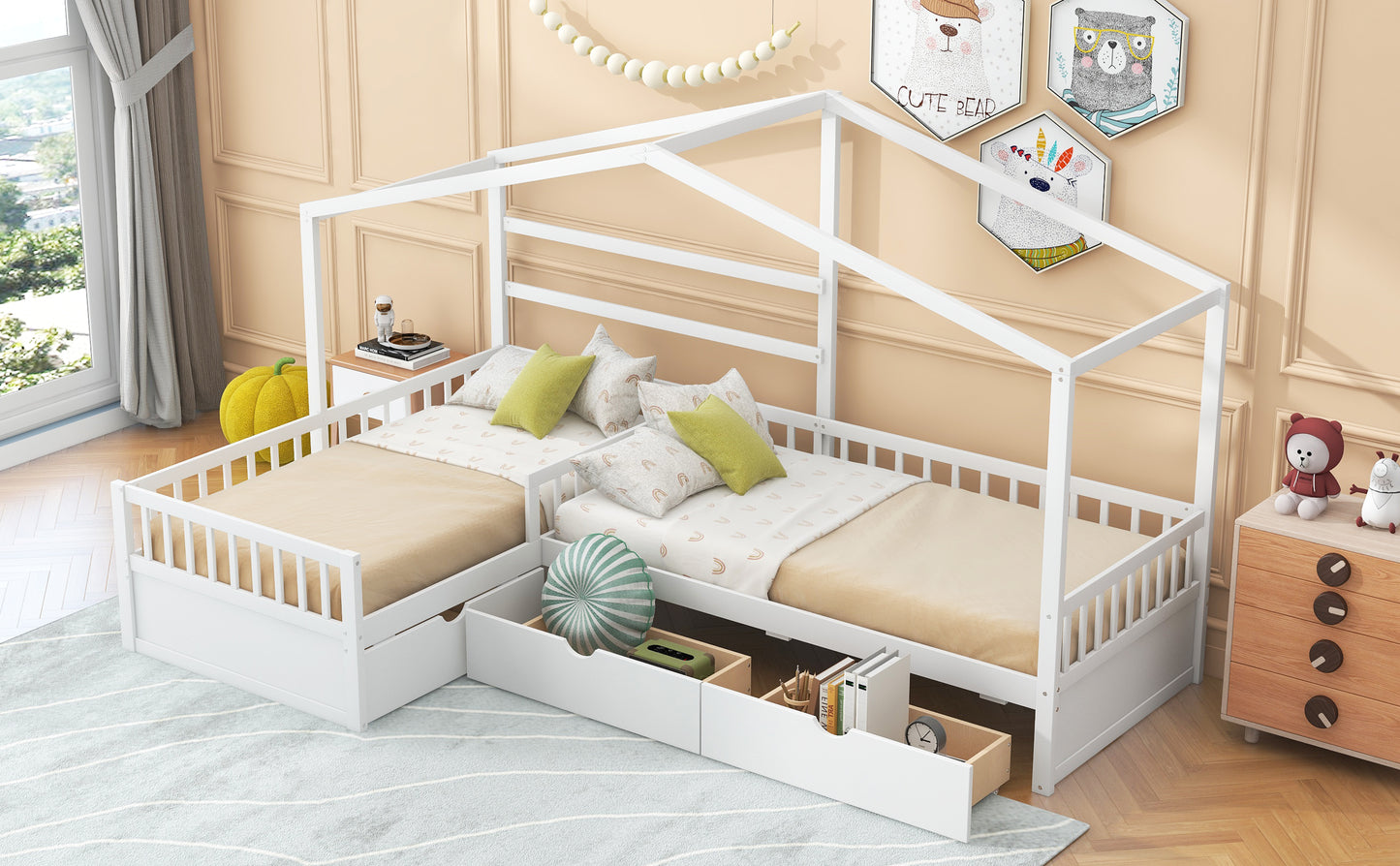 Twin Size House Platform Bed with Three Storage Drawers White