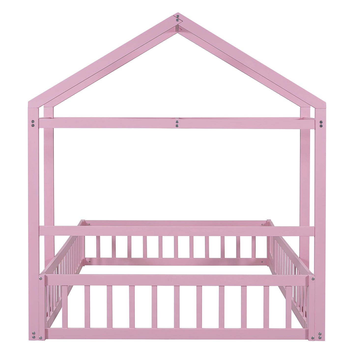 Wooden Full Size Children's Bed with Detachable Headboard and Integrated Clothes Drying Rack, Pink