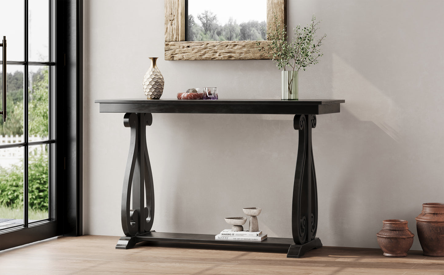 48-Inch Rustic Vintage Console Table --- Farmhouse Style Entryway Table with Open Shelf and Sturdy Construction (Black)