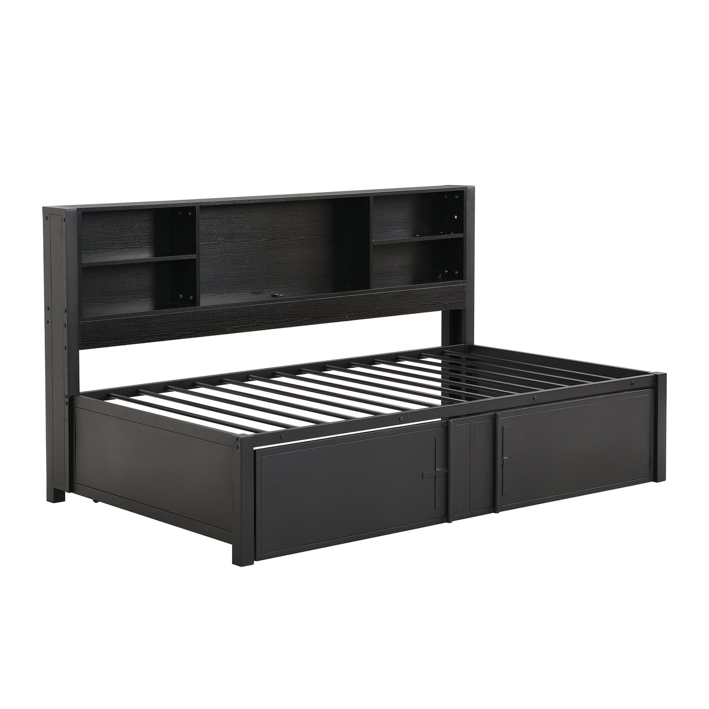 Metal Twin Size Daybed with Twin Size Trundle  Storage Shelves and USB Ports  Black