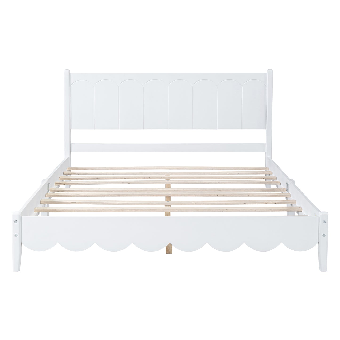 Queen Size Wood Platform Bed Frame, Retro Style Bed with Rectangular Headboard,No Need Box Spring,White