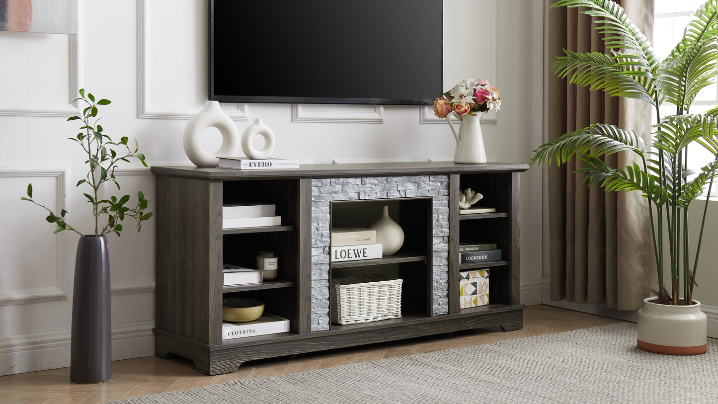 Mantel Stone modern entertainment console, manually stacked stone surrounds open storage space, gray