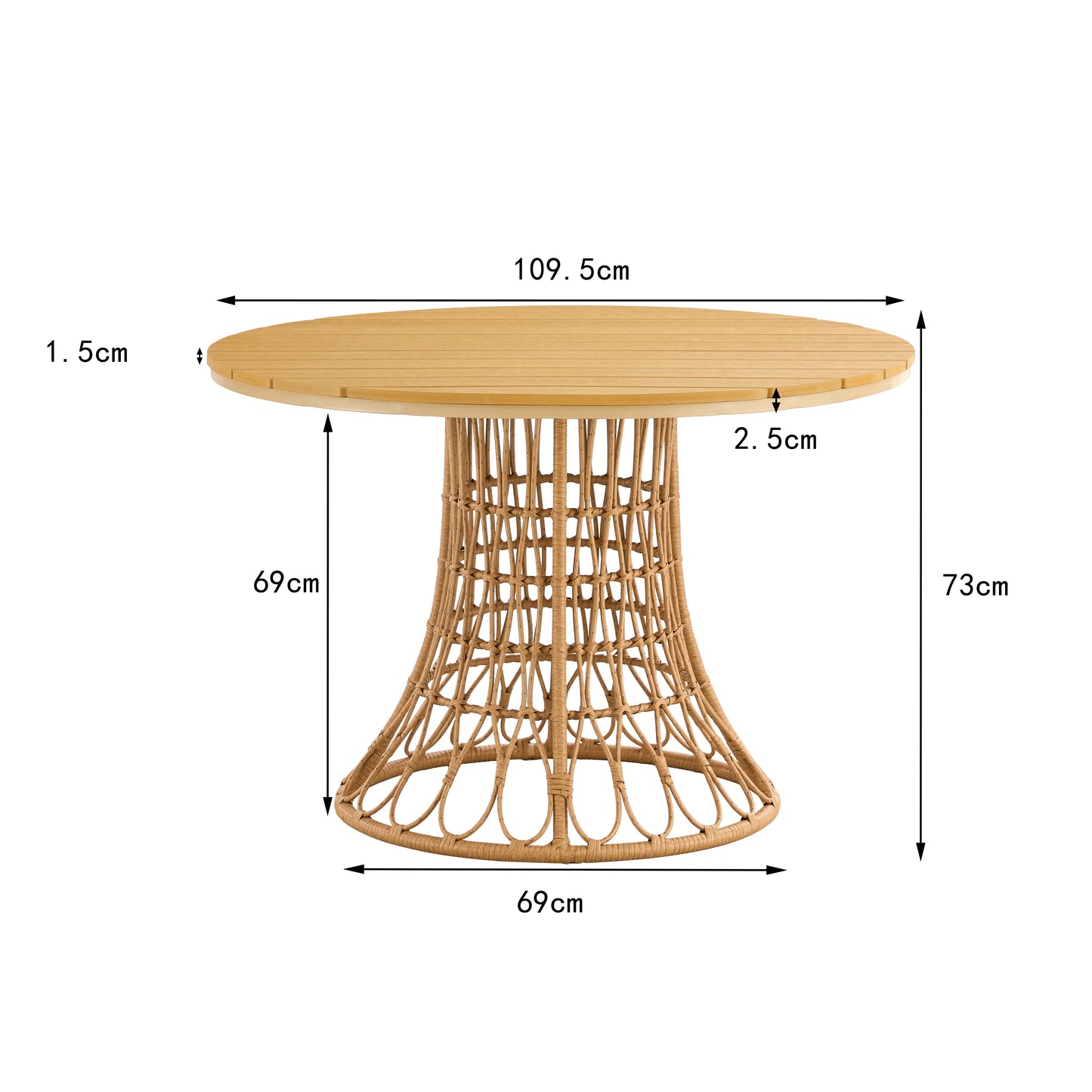 Juego de comedor para exterior de 5 piezas, mesa sencilla de bambú con tablero redondo de ratán sintético, 110 cm, ideal para patios