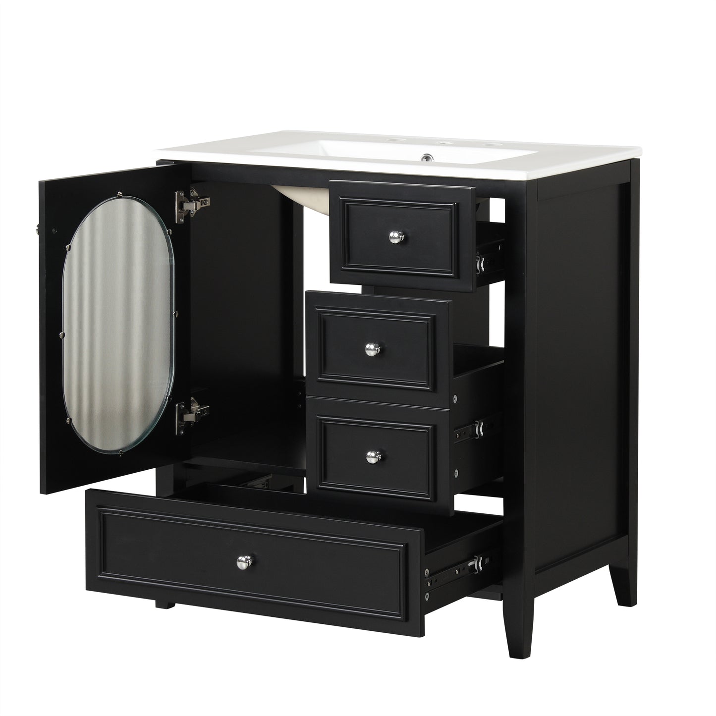 Bathroom Vanity with Sink, Bathroom Vanity Cabinet with Three Drawers and Door, Solid Wood and MDF, Black