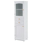 High bathroom storage cabinet with glass door, freestanding, two drawers and adjustable shelves, MDF board, painted white