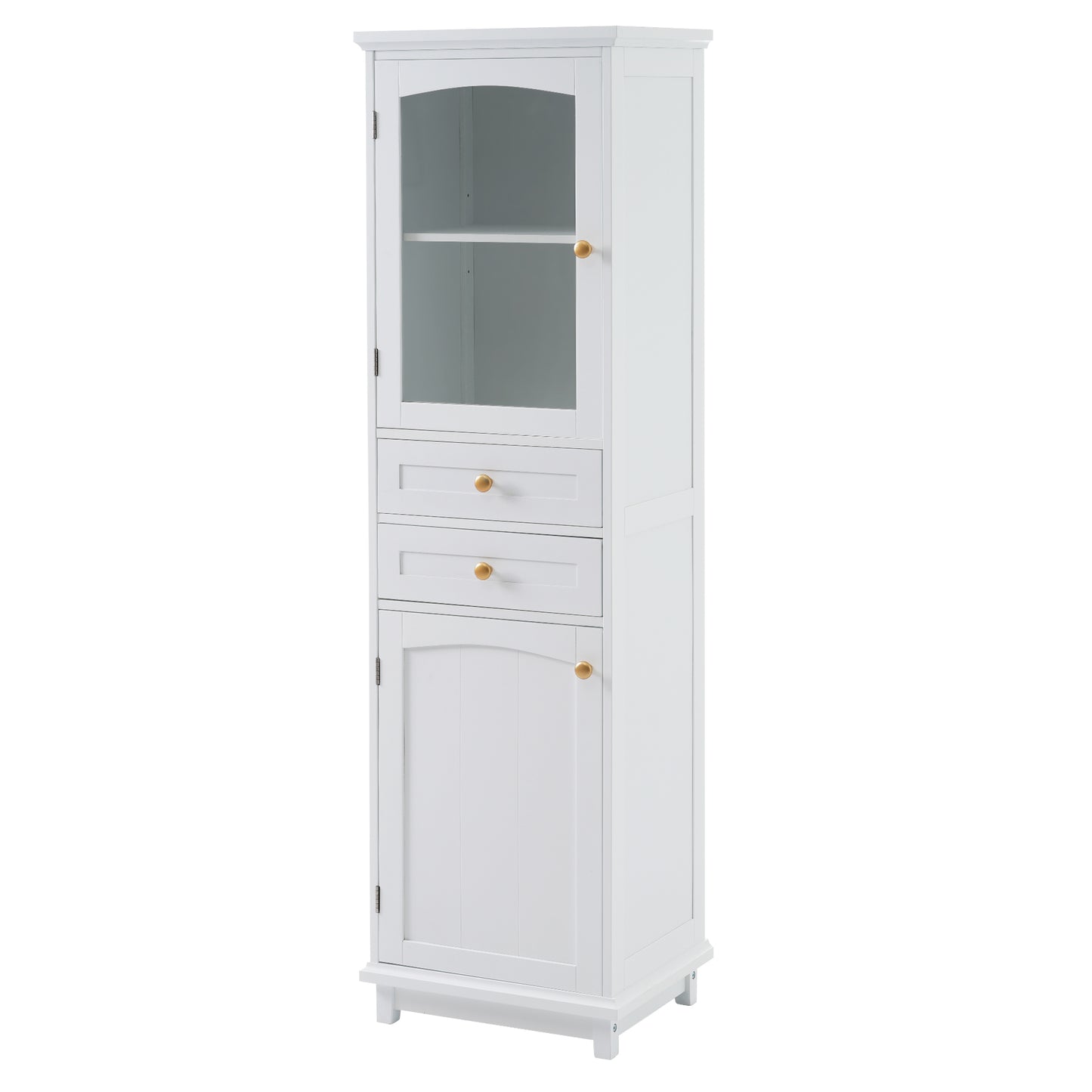 High bathroom storage cabinet with glass door, freestanding, two drawers and adjustable shelves, MDF board, painted white