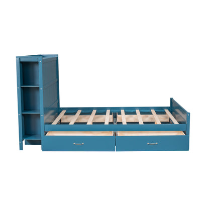 Full Platform Bed with Storage Shelves Blue